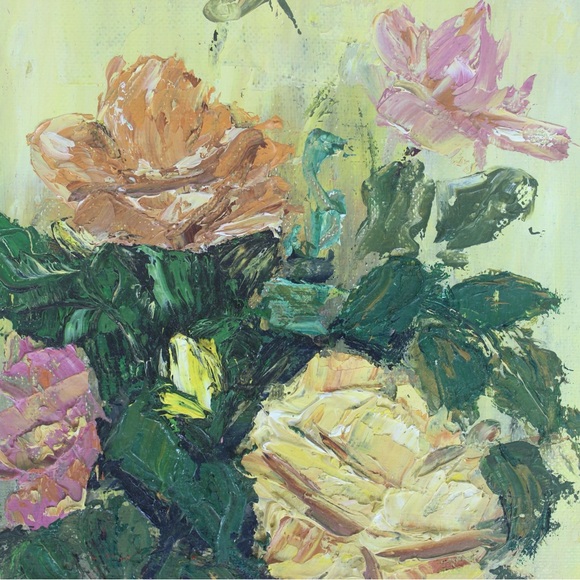 Vintage Original Still Life Oil Painting, Abstract Floral, Yellow, Pink Orange - Picture 7 of 10